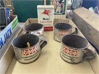 ANTIQUE CASE TRACTOR MUGS AND MOBIL TIN