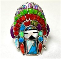 Lg. Sterling Zuni Indian Opal/Turquoise/Coral Ring