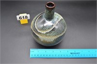 Pottery Vase with slender neck blue green glaze