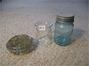 blue ball canning jar, flower frog, creamer