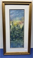 Signed Watercolor , “Trees and Mountains “ 12 x22