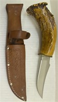 ANTLER HANDLED KNIFE WITH LEATHER SHEATH