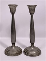 Pr. pewter candlesticks, 4" base, 10.5" tall