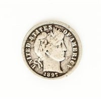 Coin **RARE-1897-S Barber Dime-VF