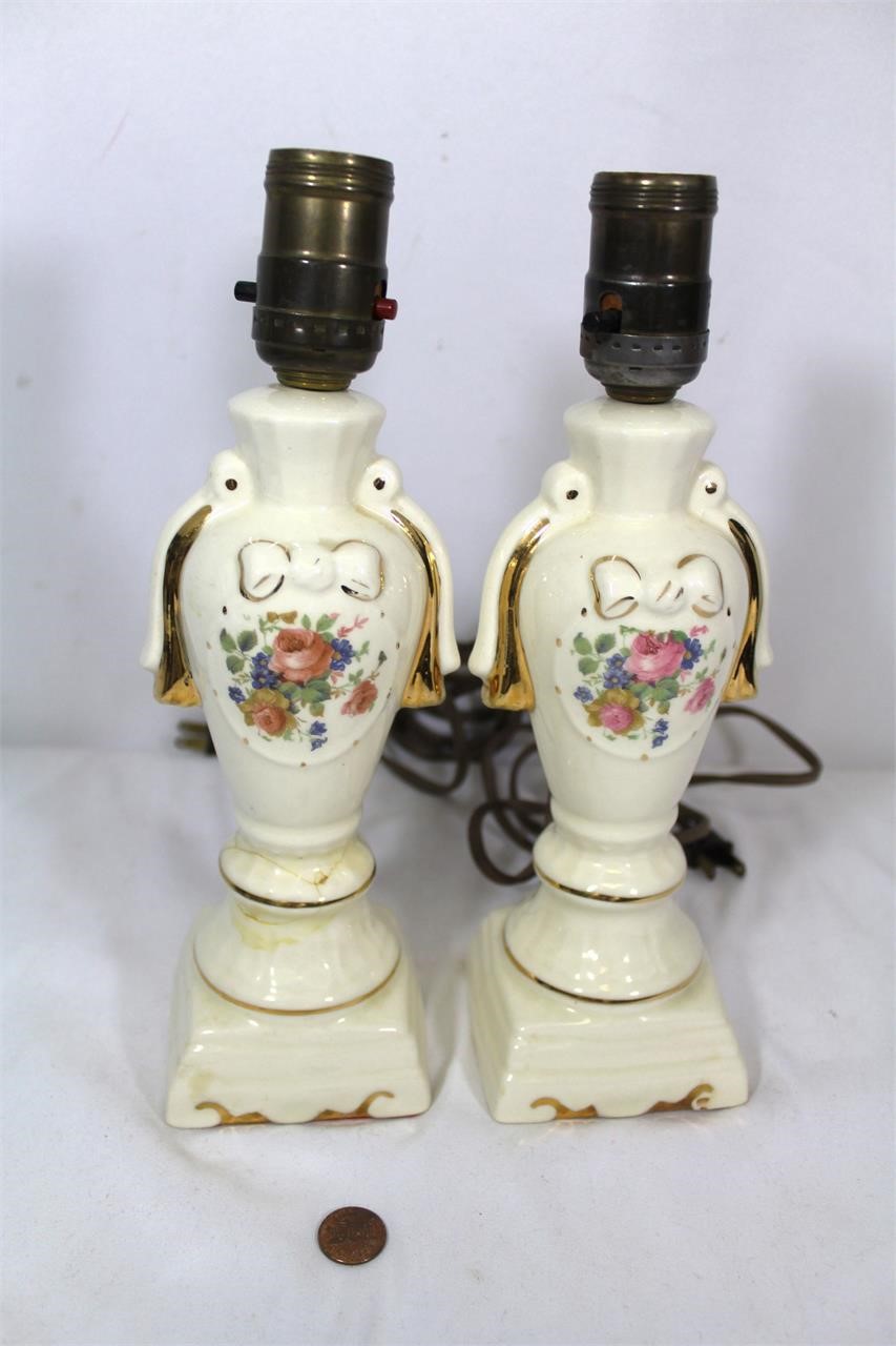 Pair Vintage Porcelain Boudoir Lamps