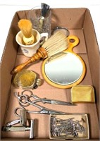 dresser mirror, shave mug & scissors & more