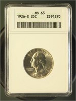 US Coins 1936-S Washington Quarter MS63 ANACS