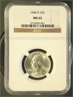 US Coins 1940-D Washington Quarter MS62 NGC