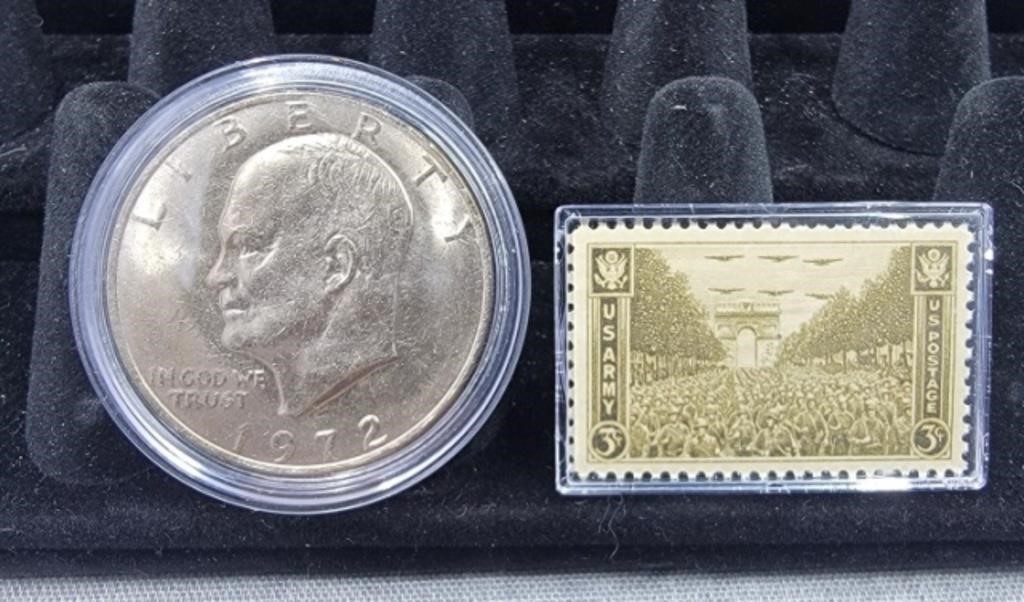 Eisenhower dollar and U.S. army stamp