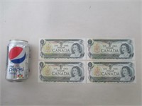 4 Billets $1 non circulés 1973