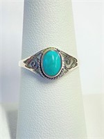 .925 Silver Green Turquoise Filigree Ring Sz 7   A