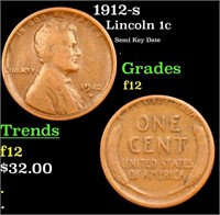 1912-s Lincoln Cent 1c Grades f, fine