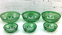 6 Bohemian glass cut to clear green bowls