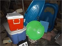 Coolers / tote / sleds/ Garbage can