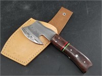 Damascus bladed kindling hatchet with leather hols