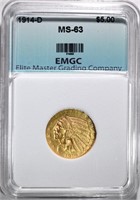 1914-D $5.00 GOLD INDIAN, EMGC CH BU