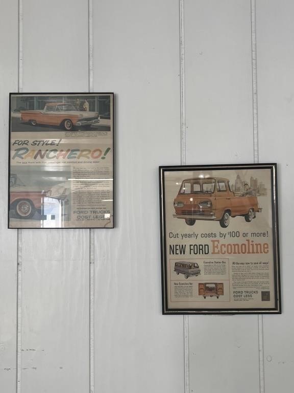 2 vintage Ford advertising framed magazine adds