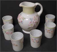 "Coreopsis" Milk Glass Pitcher w/6 Tumblers by