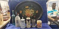 Large Metal Tray, (5) Assorted Steins & (1) Glass