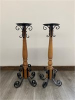 Pair of Wrought Iron and Maple Candle Sticks 35"