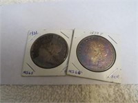 2 Rainbow Toned / Hued Morgan Silver Dollars