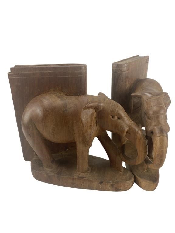 MCM HandCarved Wooden Elephant Bookends