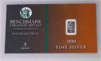 5 Grain .999 Fine Silver Bullion Bar - Benchmark