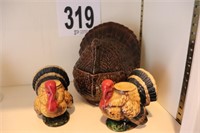 Pair Of Turkey Candle Holders And A Lidded Turkey