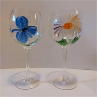 2 x Hand Painted Flower Wine Glass