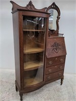 Antique oak drop-front desk curio cabinet