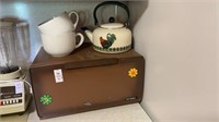 Bread box with tea kettle & mugs