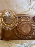 Vintage Pale Pink Glass Plates and Bowl