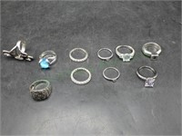 Ten Sterling Silver Various Size Rings