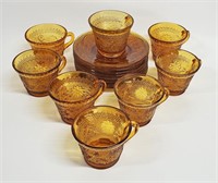 TIARA SANDWICH INDIANA GLASS AMBER CUPS & SAUCERS