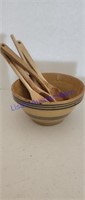 Crock Bowl And Wooden Spoons
