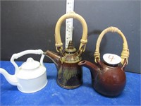 3 CLAY TEAPOTS - 2 HANDCRAFTED, SIGNED