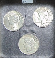 1923, 1924, 1925 Peace Dollars AU, VG, VF.