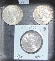 3 1922 Peace Dollars AU, AU+, AU+.