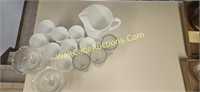 Milk glass Tea Pitcher with 8 Glasses, 7 Sundae Gl