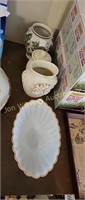 White bowl gold trim, pottery vases