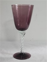 Mouth blown purple wine glass w/clear twist stem