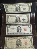 (2)$1 SILVER CERTIFICATES, (1)$2 NOTE, (1)$5 NOTE