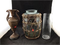 Wicker Enclosed Ornate Bottle, Metal Ewer Vase,