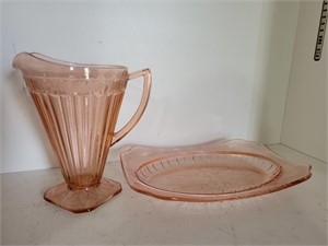 pink depression pitcher and platter
