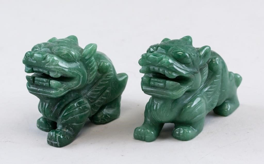 Pair Chinese Green Jade Carved Pixiu Statue