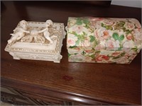 2 dresser boxes cherub composition and domed box