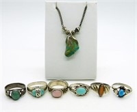 (7) 925 Turquoise Rings & Pendant