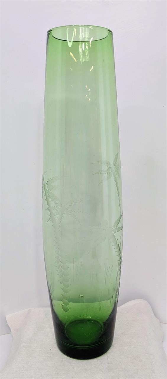 Tall Green Glass Vase with Palm Tree Etchings