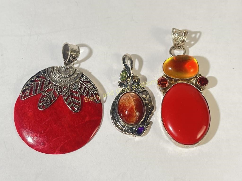 (3) Sterling Silver Red Gem Pendants