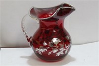 Silver Overlay Ruby Red Sterling and Glass Pitcher